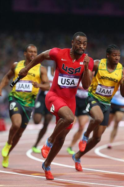 Tyson Gay of the United States competes next to Yohan Blake of Jamaica during the Men's 4 x 100m Relay Final on Day 15 of the London 2012 Olympic Games  on August 11, 2012  (Getty Images)