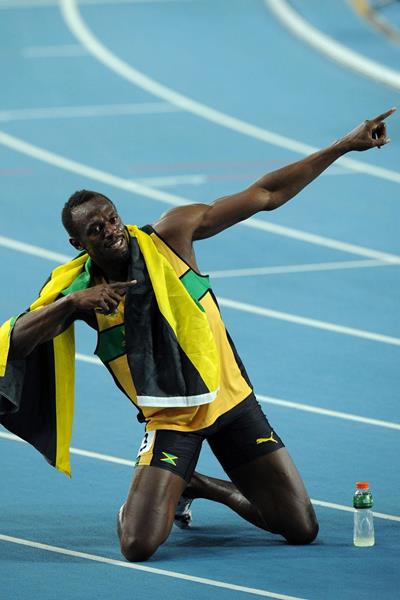 Usain Bolt of Jamaica celebrates after winning the gold medal in the men's 200 metres final (Getty Images)
