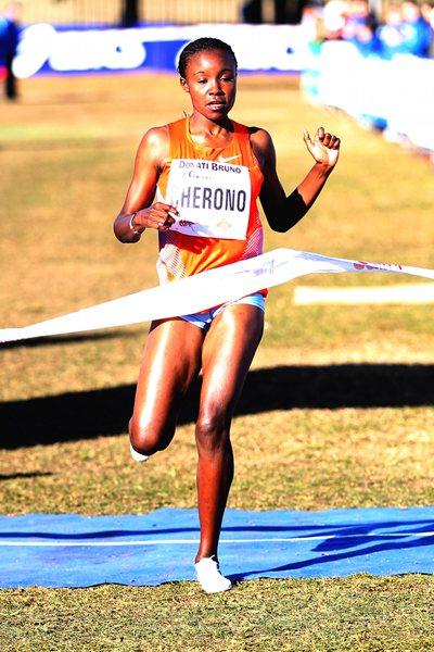 Enjoying her moment in the sun - Mercy Cherono after her commanding victory at the Campaccio XC (Giancarlo Colombo/FIDAL)