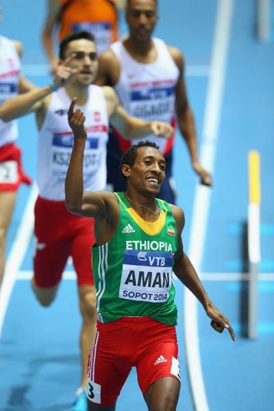 800m winner Mohammed Aman at the 2014 IAAF World Indoor Championships in Sopot (Getty Images)