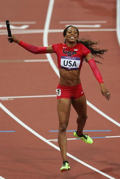 Sanya Richards-Ross of the United States celebrates after winning gold in the Women's 4 x 400m Relay Final of the London 2012 Olympic Games on 11 August 2012 (Getty Images)