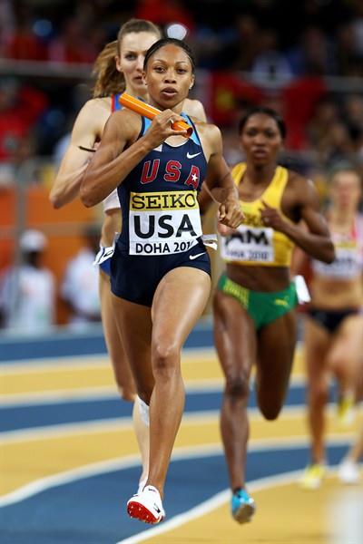 Allyson Felix of USA competing in the Women's 4 x 400m relay which the USA won (Getty Images)