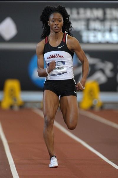 LaKya Brookins en route to her second NCAA indoor 60m title, this time in 7.09 to equal the collegiate record (Kirby Lee)