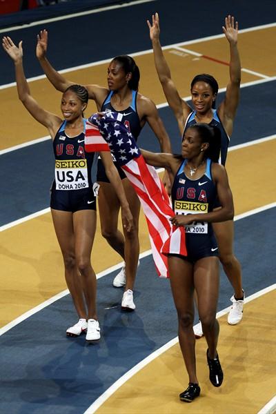 Debbie Dunn, Deedee Trotter, Natasha Hastings and Allyson Felix of USA make their victory celebrations after the womne's 4x400m Relay in Doha (Getty Images)