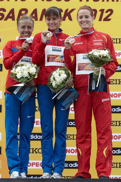 The women's 20km podium: Elena Lashmanova, Olga Kaniskina and Maria José Poves (Getty Images)