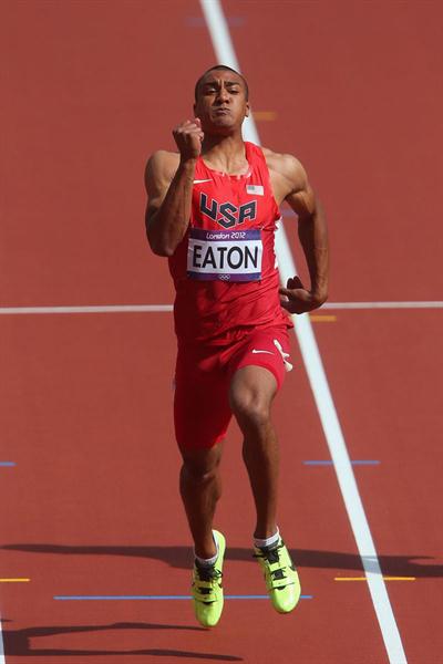 Ashton Eaton of the United States competes in the Men's Decathlon 100m Heats on Day 12 of the London 2012 Olympic Games at Olympic Stadium on August 8, 2012  (Getty Images)
