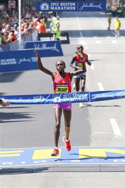Sharon Cherop wins the women's race at the 2012 BAA Boston Marathon (Victah Sailer)