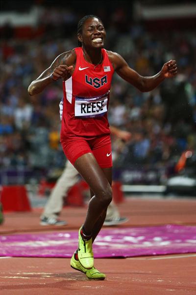 Brittney Reese of the United States celebrates winning gold in the Women's Long Jump Final on Day 12 of the London 2012 Olympic Games at Olympic Stadium on August 8, 2012 (Getty Images)