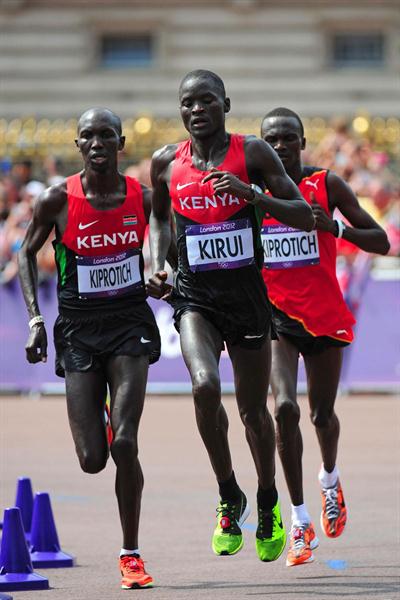 (L-R) Wilson Kipsang Kiprotich of Kenya, Abel Kirui of Kenya and Stephen Kiprotich of Uganda compete in the Men's Marathon of the London 2012 Olympic Games (Getty Images)