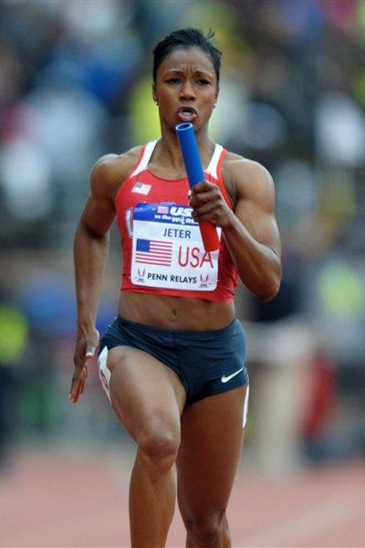 Carmelita Jeter anchors the 4x100 Relay squad at Penn (Kirby Lee)