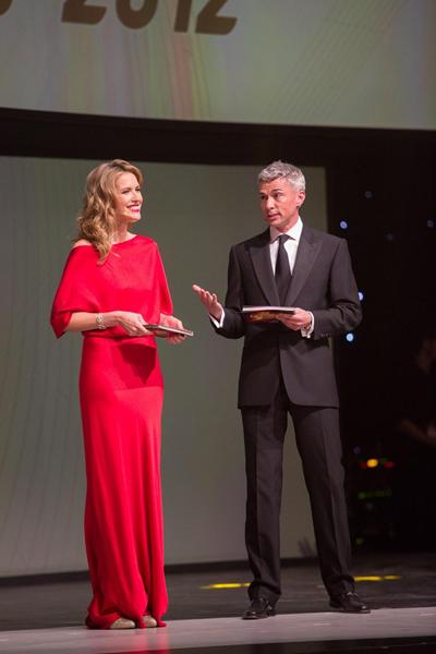 IAAF Centenary Gala in Barcelona, presenters World Triple Jump record holder Jonathan Edwards and Catalan model and actress Judit Masco (Philippe Fitte)
