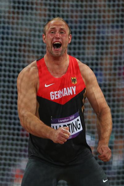  Robert Harting of Germany celebrates winning gold in the Men's Discus Throw Final on Day 11 of the London 2012 Olympic Games at Olympic Stadium on August 7, 2012 (Getty Images)