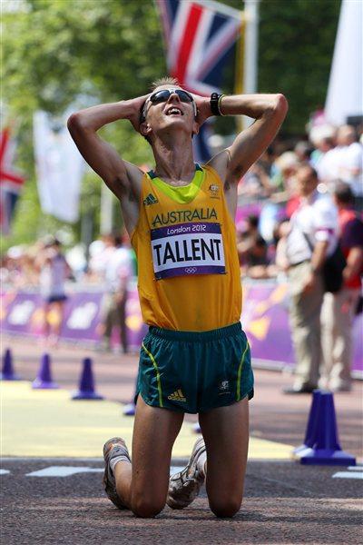 Jared Tallent of Australia celebrates after crossing the finish line and claiming silver in the Men's 50km Walk of the London 2012 Olympic Games (Getty Images)