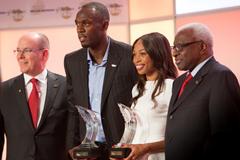 HSH Prince Albert of Monaco, Usain Bolt, Allyson Felix and IAAF President Lamine Diack at the 2012 Athlete of the Year Ceremony (Philippe Fitte)