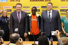 IAAF/LOC press conference in Kavarna, from left: Essar Gabriel, IAAF General Secretary; Shalane Flanagan (USA); Sergey Bubka, IAAF Vice President; Eliud Kipchoge (KEN); Dobromir Karamarinov, President of Bulgarian Athletics Federation and President of LOC; Silviya Danekova (BUL); and Tsonko Tsonev, Mayor of Kavarna Municipality and Vice President of LOC. (Getty Images)