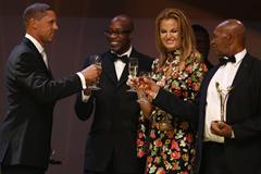 IAAF Hall of Fame members Dan o'Brien, Ed Moses, Stefka Kostadinova and Kip Keino at the IAAF Centenary Gala in Barcelona (Giancarlo Colombo)