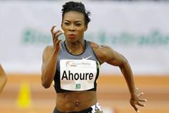 Murielle Ahoure on her way to winning the 60m in Dusseldorf (Gladys Chai)