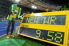 Usain Bolt of Jamaica celebrates winning the gold medal in the men's 100m with a world record of 9.58 seconds (Getty Images) (Getty Images)