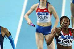 Perri Shakes-Drayton of Great Britain crosses the line ahead of Sanya Richards-Ross of the United States to win gold in the Women’s 4x400 Metres Final during day three - WIC Istanbul (Getty Images)