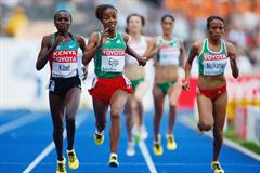 (L-R) Sylvia Jebiwott Kibet of Kenya, Sentayehu Ejigu and Meselech Melkamu of Ethiopia in the women's 5000m heats (Getty Images)
