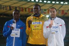 The medallists from the men's 200m final (L-R) Panama's Alonso Edward (silver), Jamaica's Usain Bolt (gold) and the USA's Wallace Spearmon (bronze) (Getty Images)