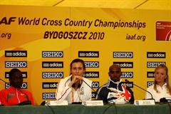 From left to right Linet Masai, Katarzyna Kowalska, Mo Farah and Shalane Flanagan at the IAAF Press Conference in Bydgoszcz (Getty Images)