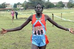 Pauline Korikwiang winning the 8km XC in Machakos, Kenya (Elias Makori)