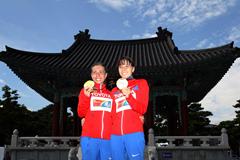 Olga Kaniskina and Anisya Kirdyapkina celebrate winning gold and bronze in the 20km race walk (Getty Images)