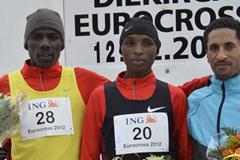 Men's podium at 2012 ING Eurocross meeting in Diekirch: runner-up Albert Rop, winner Japheth Korir and Tasama Dame (Rosch Kohl)