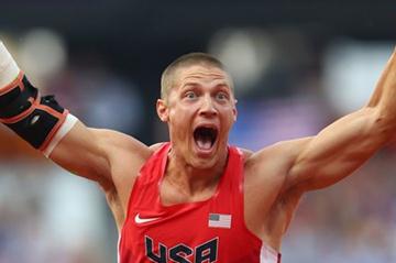 Trey Hardee of the United States is very pleased with his throw in the Men's Decathlon Javelin Throw on Day 13 of the London 2012 Olympic Games on August 9, 2012 (Getty Images)