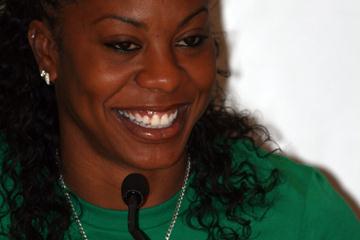 Sanya Richards at the DKB-ISTAF press conference on the eve of the AF Golden League kick-off in Berlin (Bob Ramsak)