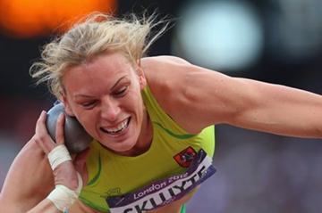 Austra Skujyte of Lithuania competes in the Women's Heptathlon Shot Put on Day 7 of the London 2012 Olympic Games at Olympic Stadium on August 3, 2012 in London (Getty Images)