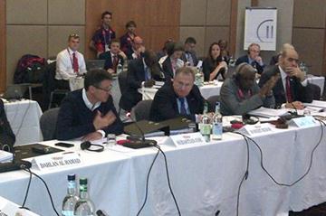 (2nd left) Sebastian Coe, LOCOG chairman and IAAF Vice President, addresses the opening of the IAAF Council meeting in London, 31 July 2012 (IAAF)