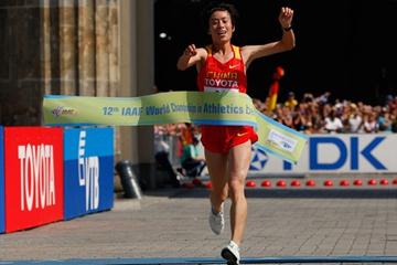 Xue Bai of China celebrates her Marathon victory at the IAAF World Championships in Berlin (Getty Images)