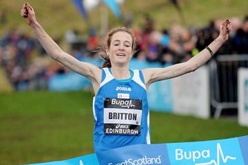 Fionnuala Britton successfully defends her title in the women's team 6km race at the Bupa Edinburgh Cross Country (Mark Shearman)