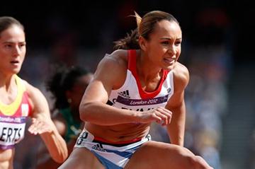 Jessica Ennis of Great Britain competes in the Women's Heptathlon 100m Hurdles Heat 1 on Day 7 of the London 2012 Olympic Games at Olympic Stadium on August 3, 2012 (Getty Images)