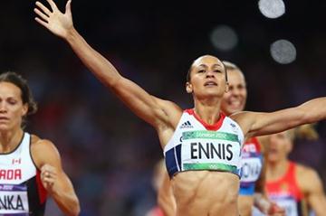 Jessica Ennis of Great Britain crosses the line during the Women's Heptathlon 800m to win overall gold on Day 8 of the London 2012 Olympic Games on 4 August 2012 (Getty Images)