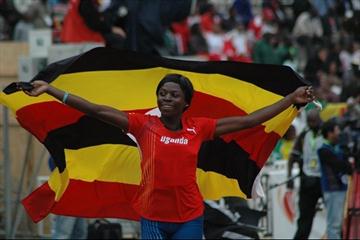 Sarah Nambawa celebrates her African Triple Jump title (Sande Bashaija)