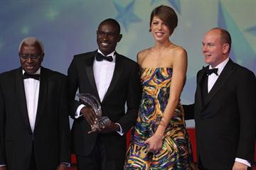 IAAF President Lamine Diack, World athletes of the year David Rudisha and Blanka Vlasic, and HSH Prince Albert of Monaco (Getty Images)