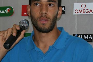 Olympic silver medallist Mahiedine Mekhissi-Benabbad at the pre-meet press conference in Paris (Bob Ramsak)