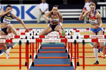 Jessica Ennis of Great Britain leads the field in the 60m Hurdles Pentathlon (Getty Images)
