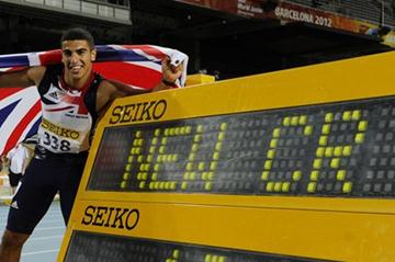 Adam Gemili of Great Britain celebrates after winning the Men's 100 metres Final on the day two of the 14th IAAF World Junior Championships in Barcelona 2012 (Getty Images)