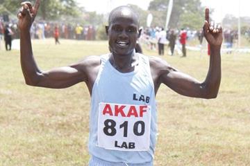 Mark Kiptoo crosses the finish line to win the 2010 Armed Forces Cross Country Championships 12km race at Kahawa, Nairobi. (Elias Makori)
