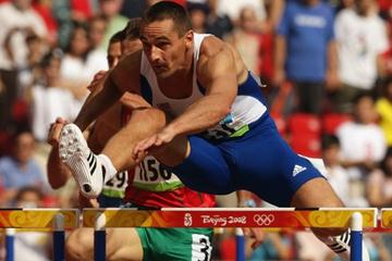Roman Sebrle competes in the 110m hurdles at the start of day two of the decathlon (Getty Images)