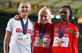 The medallists in the women's 3000m steeplechase (L-R) Yuliya Zarudneva of Russia (silver), Marta Dominguez of Spain (gold) and Milcah Chemos Cheywa of Kenya (bronze) (Getty Images)