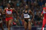 (L-R) Laverne Jones-Ferrette of Virgin Islands, US, Semoy Hackett of Trinidad and Tobago, Murielle Ahoure of Cote d'Ivoire and Allyson Felix of the United States compete in the Women's 200m Semifinals on Day 11 of the London 2012 Olympic Games at Olympic Stadium on August 7, 2012  (Getty Images)