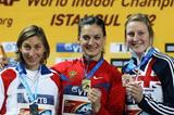 (L-R) Silver medalist Vanessa Boslak of France, gold medalist Elena Isinbaeva of Russia and bronze medalist Holly Bleasdale of Great Britain stand on the podium during day three - WIC Istanbul (Getty Images)