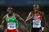 Ibrahim Jeilan of Ethiopia prevails over Mohamed Farah of Great Britain in a dramatic sprint finish in the men's 10,000m final (Getty Images)