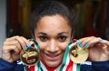 Jodie Williams of Great Britain poses with her two sprint gold medals (Getty Images)