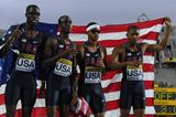 Quincy Downing,  Aldrich Bailey, Chidi Okezie and Arman Hallof USA celebrate after winning the Men's 400 metres Relay Final on day six of the 14th IAAF World Junior Championships in Barcelona on 15 July 2012 (Getty Images)